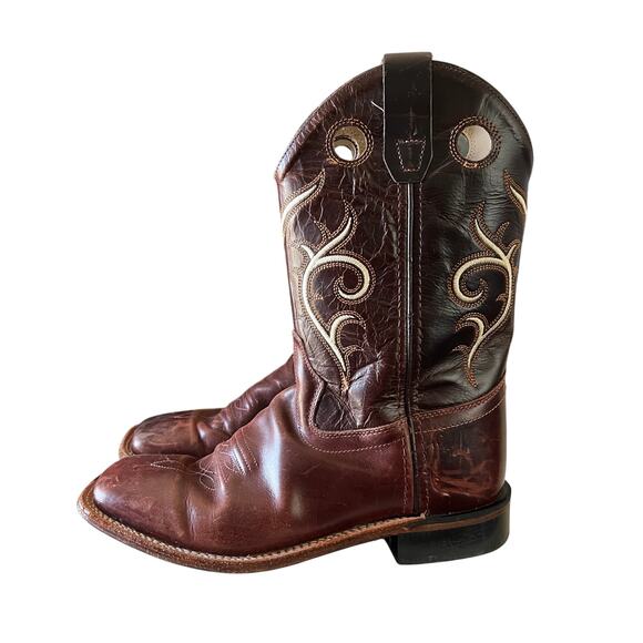 OLD WEST Boy's Kids Leather Cowboy Boots Brown Cognac sz 2.5Y Square Toe - Picture 3 of 8